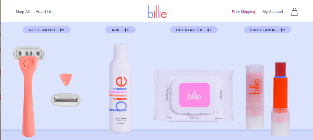 وب سایت Billie دارای محصولاتی مانند تیغ، دستمال مرطوب، و کرم اصلاح است